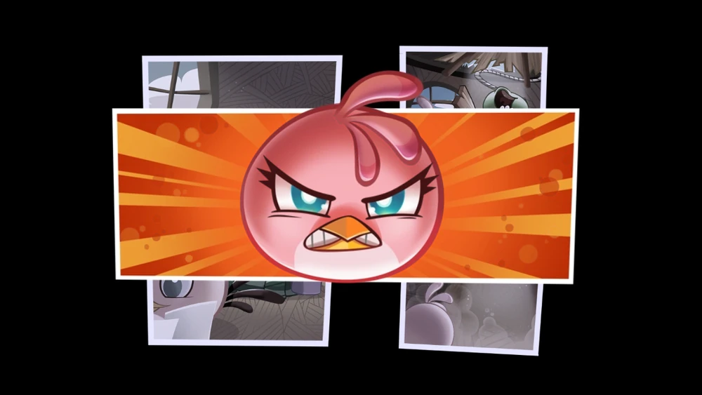 The previous comic, now with an extra fourth panel overlaying the other three. The pink bird named Stella is fucking pissed.