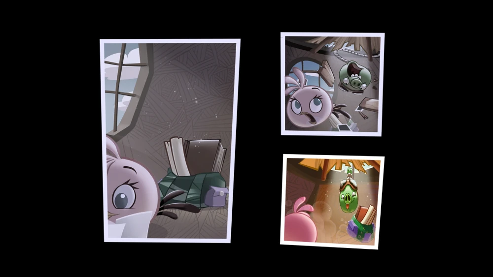 A comic with three panels. In the first, a pink bird named Stella is inside her home, looking at her photos. The panel's main focus is her backpack, sitting behind her. In the second panel, a pig comes crashing down from her roof, surprising Stella. In the third, the pig grabs her backpack, taunting her as he returns to the ship via his bungee cord.
