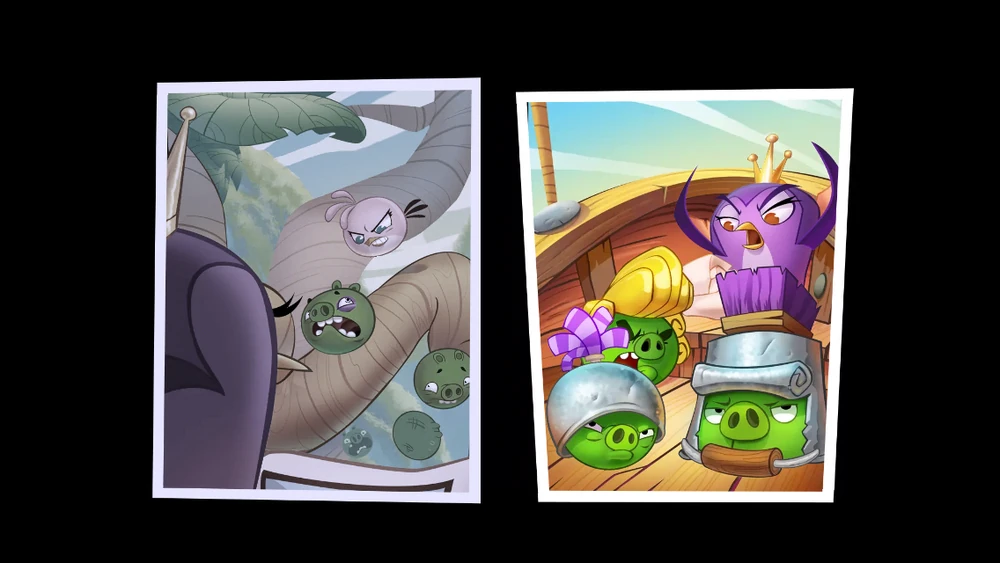 A comic with two panels. In the first, the purple bird named Gale notices Stella beating up her piggy minions. In the second, Gale and her right hand man, a pig with a wig, command several piggy guards to step in.