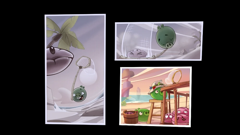 A comic with three panels. It is set on a beach. In the first, a pig with a net is chasing an oyster with eyes. In the second, the pig catches the oyster. In the third, the pig and his buddy are loading oysters into a cage. The oysters are sad.