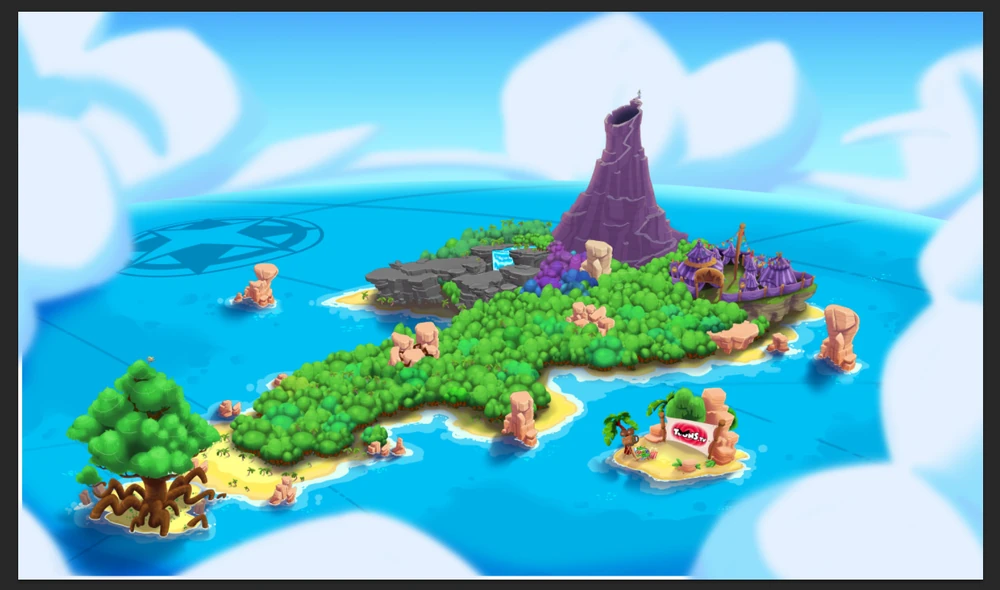 An overhead view of Golden Island. Notable scenery includes: A gigantic tree, a beach, a lush forest, a waterfall, a volcano with a castle atop, and a circus. There is also a second island, with a theatre displaying the Toons Tv logo on it.