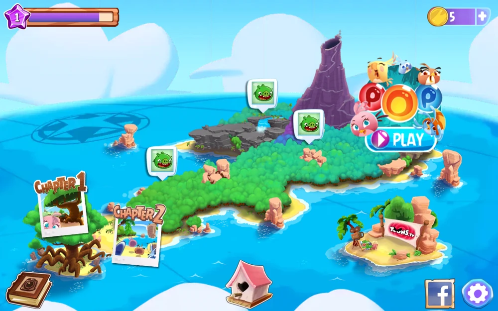 An overhead view of Golden Island, now with various UI elements such as an exp bar, a coin counter, level selection, etc.