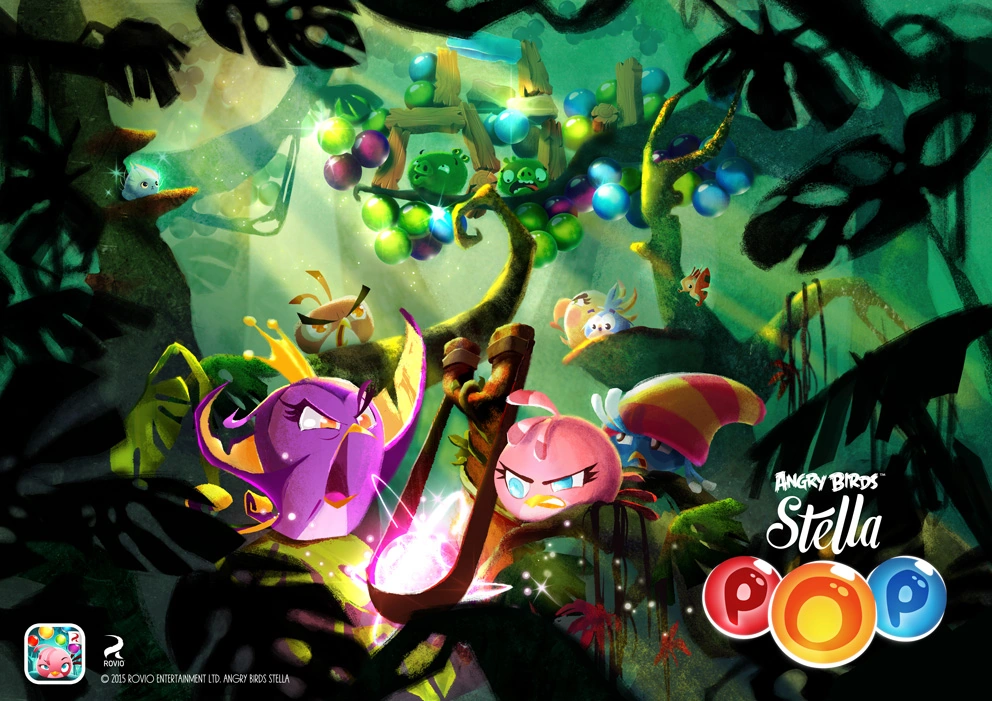 The Stella flock on a tree, launching bubbles at a pig's structure.