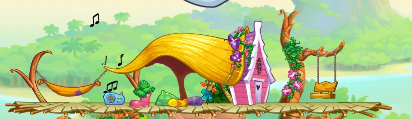 A treehouse on a wooden platfrom. It is painted pink, with white support beams and a thatch roof. A hammock, a radio, some pillows, and a swing can be seen around the house.