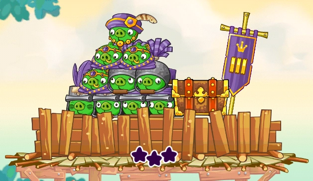 A fortified wooden wall, with a squad of guard piggies and aristocrat piggies sitting atop it.