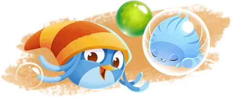 Willow next to a blue cat thing, which is trapped in a bubble.