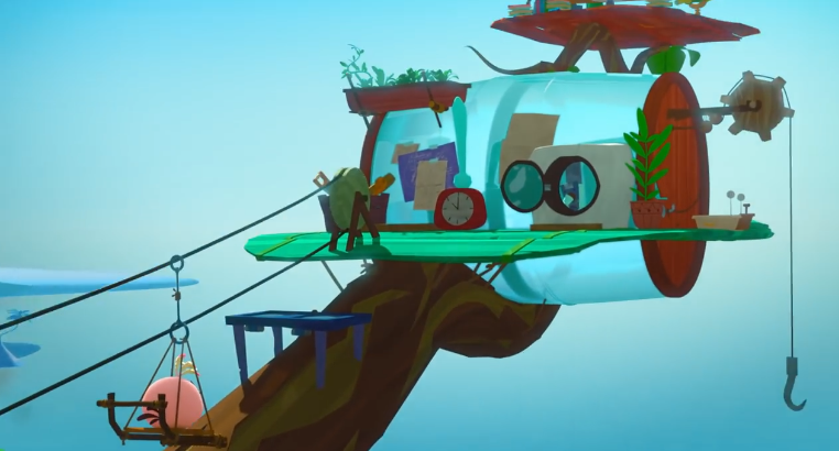 A lab fashioned from a gargantuan semi-transparent barrel, with a washing machine acting as the door, a hook installed beside the lab, and a zipline leading to it.
