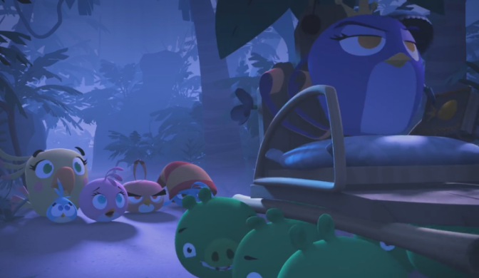 The purple bird named Gale, now with a crown on her head, leading her loyal band of piggies away to her new kingdom. Behind her are her former friends, some disapointed, and some distraught.