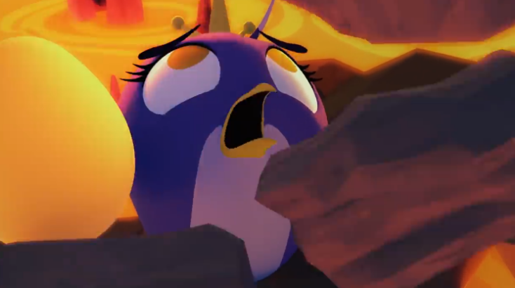 The purple bird named Gale about to get crushed by her hubris and also a bunch of falling rocks.