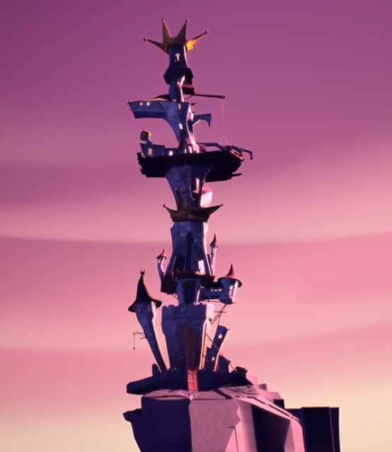 A tall, rickety castle with a crown on top.
