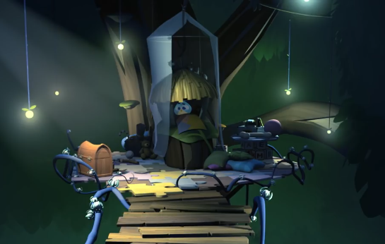 A tiny little treehouse, covered by a transparent cyan veil. The outside is adorned with various toys, and a floor made of puzzle pieces. Inside the treehouse sits a blue hatchling named Luca.