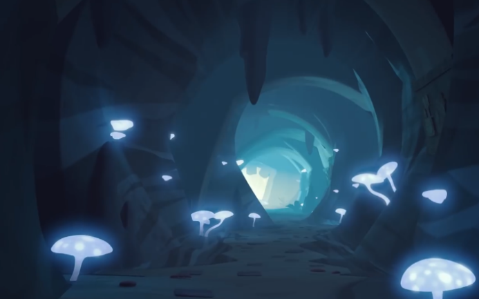 A cave full of cyan glowing mushrooms.