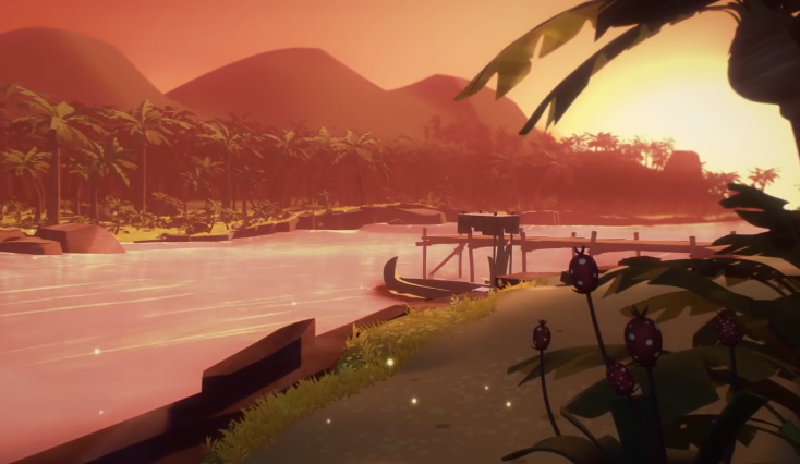 The view of a river during a sunset. There's a boat in it, with lush forests on either side of the river.