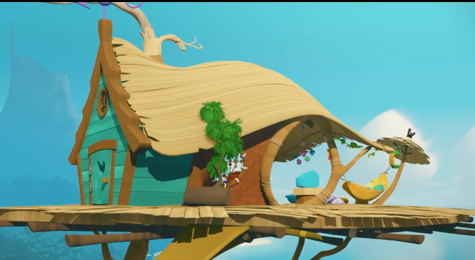 A turquoise treehouse with a massive thatch roof, sitting atop a wooden platform. A radio and a hammock can be seen inside it.
