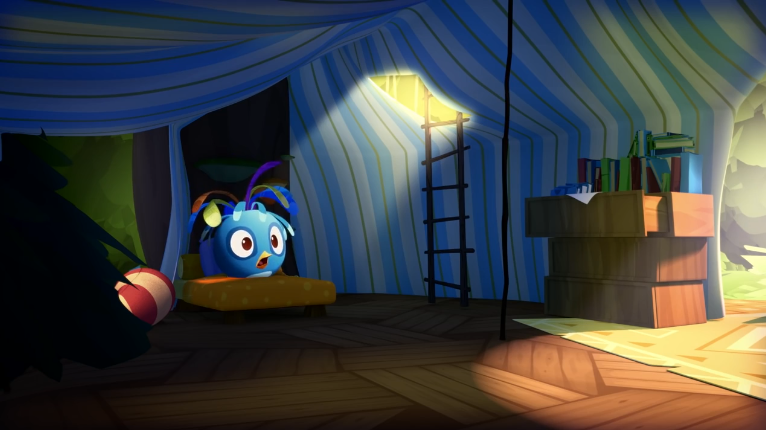 The interior of a blue, stripey tent. There is a blue bird  with colourful head feathers (Her name's Willow) sitting atop a bed. The front door, a bookshelf, and a ladder leading to the second floor can be seen.