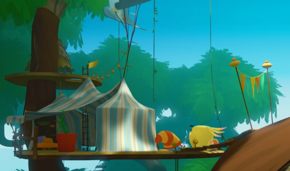 A blue, stripey tent, with a ladder leading up to a platform with a small hut on it. Willow, Poppy, Luca, and Dahlia can be seen gathering around outside it.