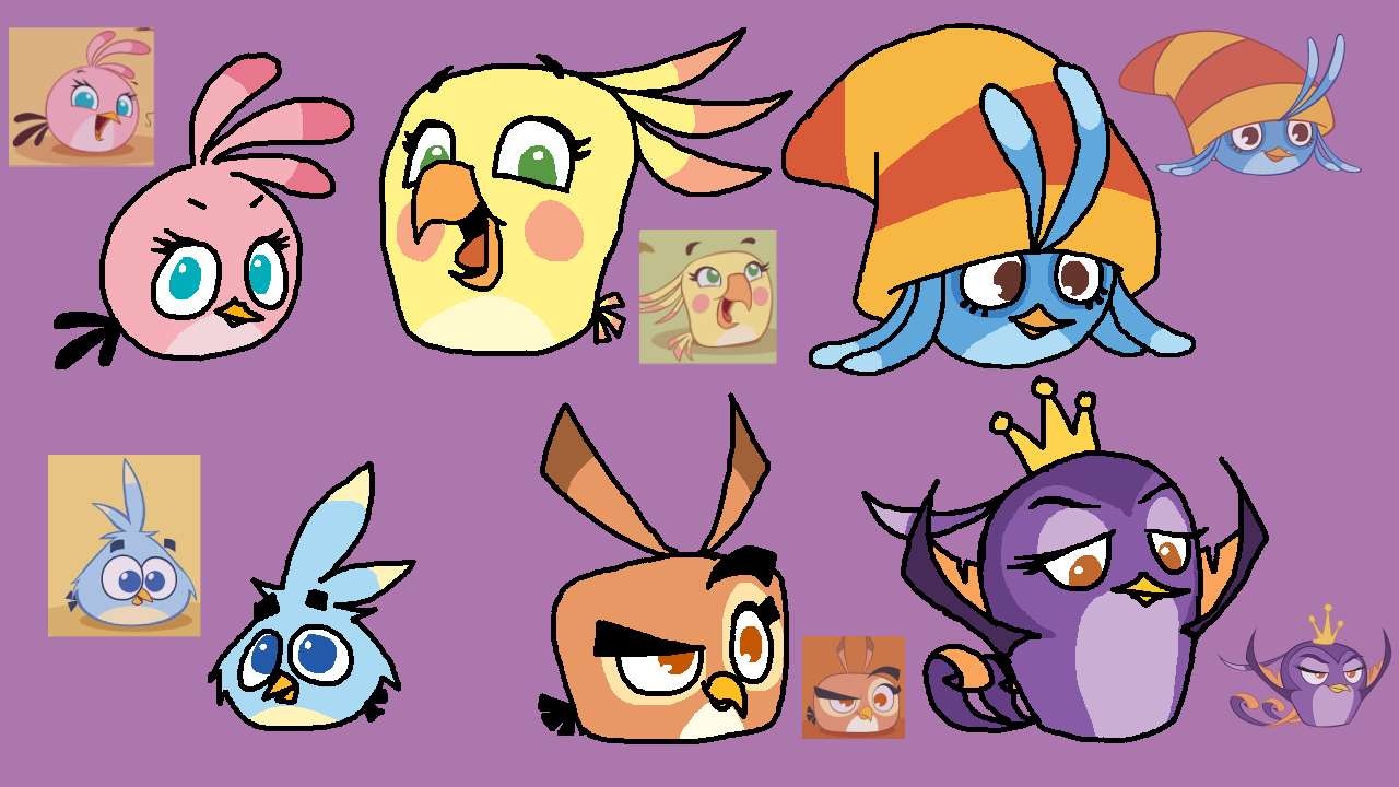 The cast of Angry Birds Stella, drawn as close to their original designs as possible