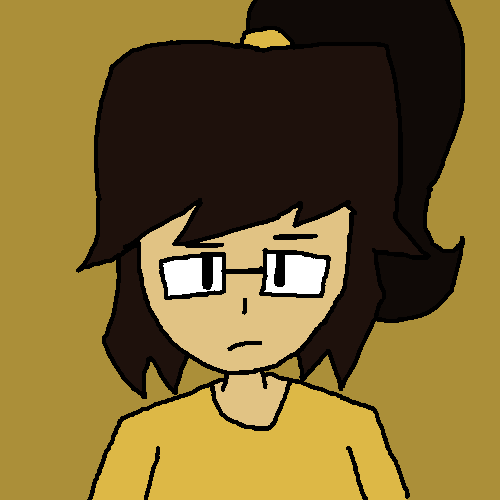 A woman with a ponytail, glasses and a yellow shirt.