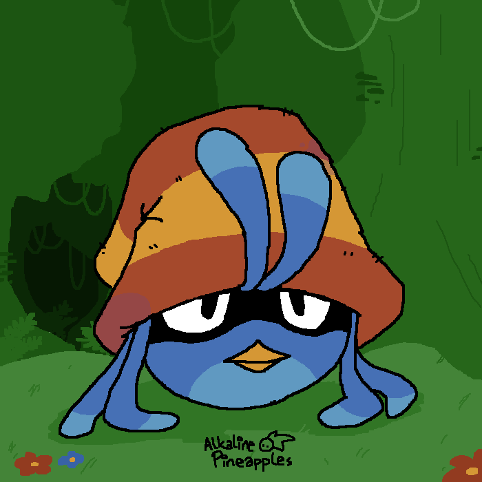 Willow from Angry Birds Stella, sitting in the middle of a forest.