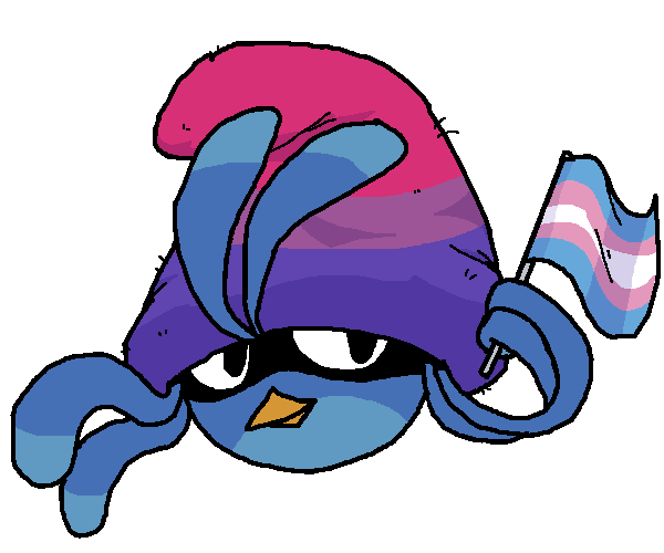 Willow from Angry Birds Stella, wearing a Bi flag patterned beanie, holding a trans flag.