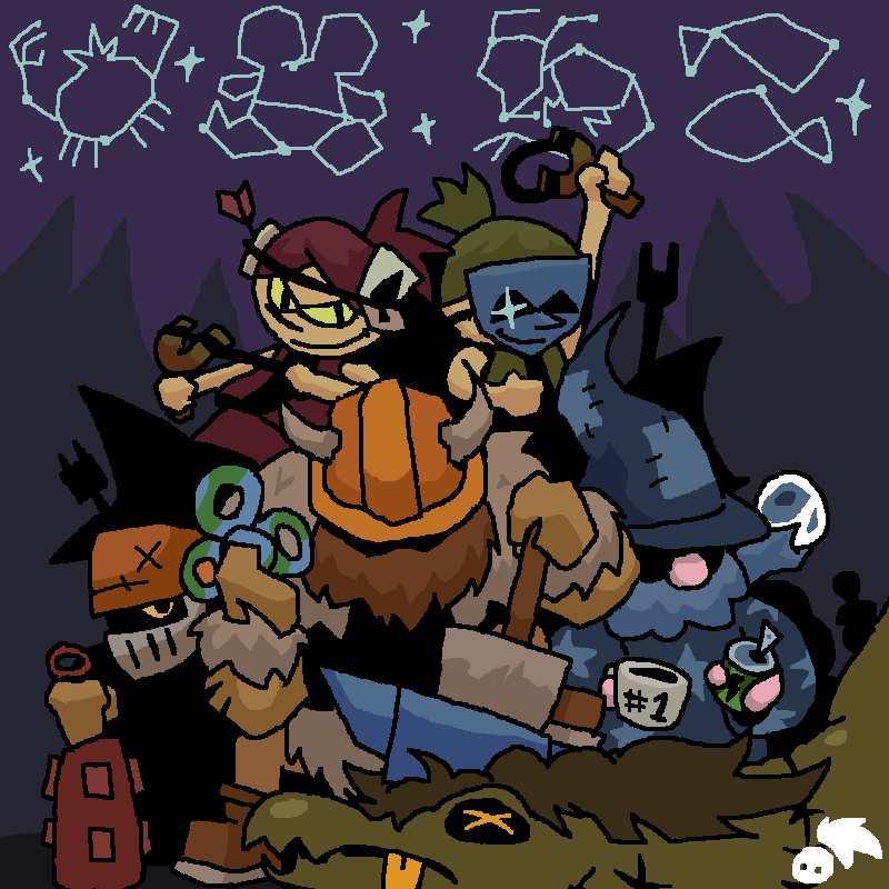 Fanart of Underboard. A brute is standing over a monster whom I forgot the name of, placing his hammer upon the anvil lodged in its head. His other hand is holding a magical Fidget Spinner. Behind him are a wizard holding an energy drink and a mug of coffee; an athlete holding an ancient mace thing; two girl scouts wielding slingshots, one has an ace of spades and a target strapped to her head, the other has a blue mask on; and silhouettes of nerds and a baby. The background is of a dark purple forest. In the night sky are four constellations depicting a crab, conjoined twins, a goat-fish thing, and two fish.