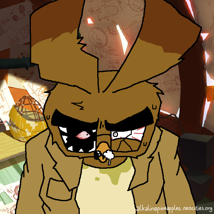 Dahlia staring at the camera in blind rage. One side of her glasses is broken, revealing a somewhat less cartoony bloodshot eye. Her outer shirt is unbuttoned, and her inner shirt is stained. She is also foaming at the mouth. The background is of official concept art of the interior of Dahlia's house during the episode 'It's Mine!'