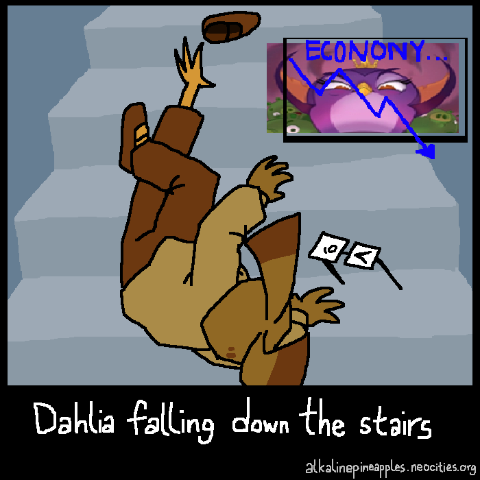 Dahlia falling down the stairs. Next to her is a stretched out photo of Gale with a stock market arrow going down shittily drawn on top of it, with the text 'ECONONY...;