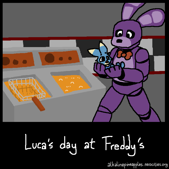 Bonnie taking an unsuspecting Luca to the deep fryers. Below the drawing is text stating 'Luca's day at Freddy's'