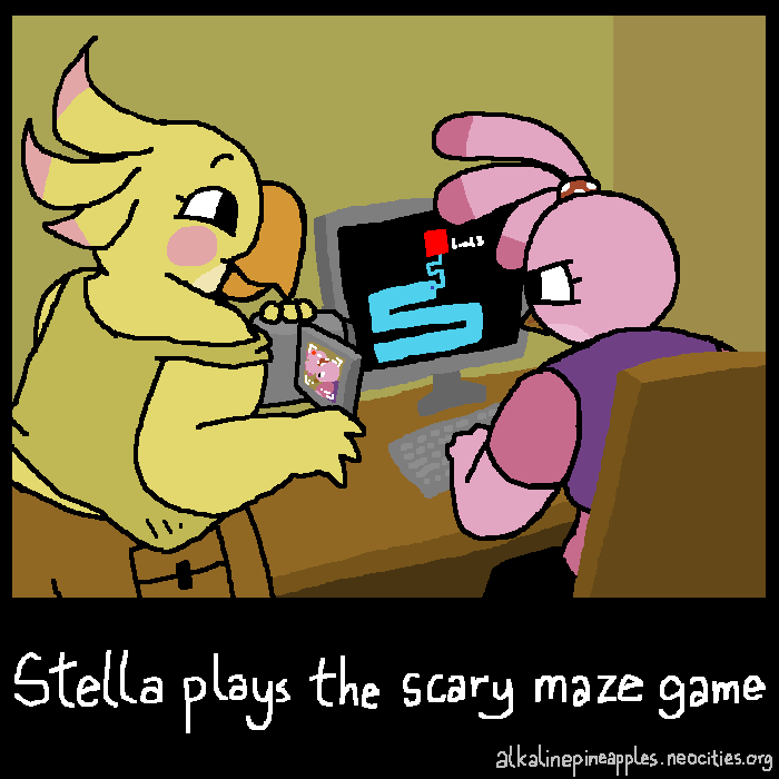 Stella trying to beat the Scary Maze Game as Poppy stands off to the side, cheekily holding a camcorder. Below the drawing is text stating 'Stella plays the Scary Maze Game'