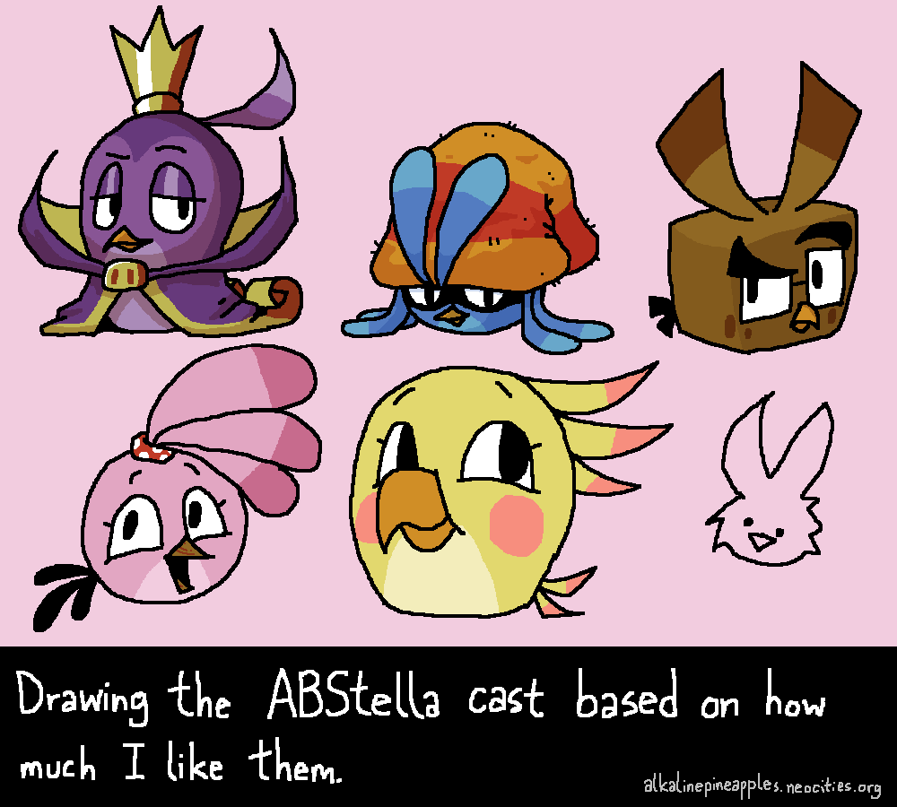 'Angry Birds Stella cast, drawn based on how much I like them.' Gale, Willow, and Dahlia are drawn with some amounts of shading, Stella and Poppy are drawn with flat colours, Luca has been reduced to a tiny doodle.
