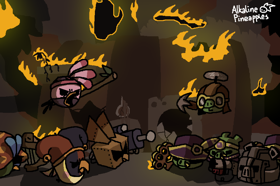 Stella, Poppy, Willow, and Dahlia fighting off a group of regal pigs. Stella is in the air, dressed as a ninja and wielding a staff. Dahlia's in the front, donning a robot suit and a giant raygun. Poppy's beside Dahlia, dressed as a jester and doing not much except look intimidating. Willow's in the back, dressed as a druid, wielding a harp. In the background, Dahlia's treehouse is burning.