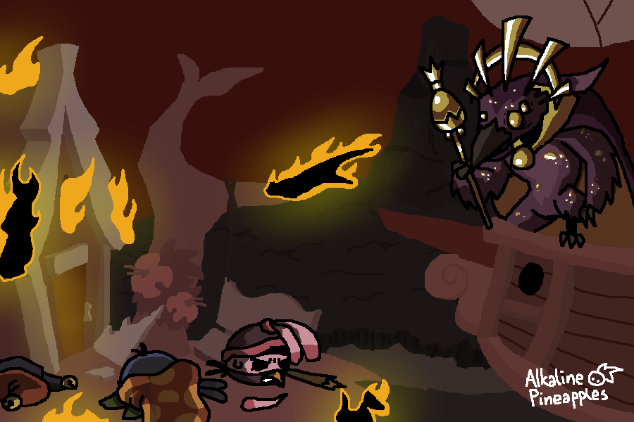 Stella is standing on the edge of her treehouse's platform, looking exhausted, and looking in the rought direction of Gale, who has been utterly transformed into an anthropomorphic bird beast thing, standing on the edge of her ship. Gale dons a large cape, a golden staff with the Golden Egg on top, and a golden version of the Darkest Dungeon's Iron Crown. She is covered in gold spots. Behind Stella are Willow and Poppy, who lay on the ground, defeated. In the background is Stella's Treehouse burning, and the now petrified Golden Island.