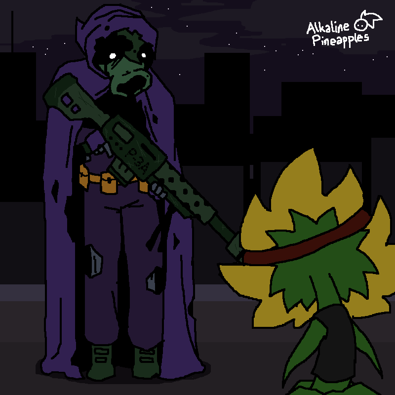 Green Shadow, who is now a zombie with a peashooter head, standing on the edge of a building. She is wearing a purple military uniform, with a yellow utility belt and a tattered purple cloak. She is holding a green, banged-up, scopeless sniper rifle. In the foreground is Solar Flare, who is still a plant, facing away from the camera and towards the zombotany that was formerlly Green Shadow.