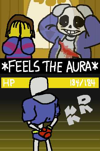 Frisk and Sans standing in the Judgement Hall reacting with shock as Papyrus doubles the player's health and removes the KR mechanic.