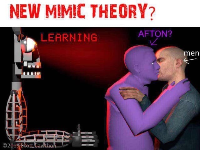 'New Mimic Theory?' To the left of the drawing is an endoskeleton with red light coming from its eyes, labeled 'LEARNING' To the right is Purple Guy, labeled 'AFTON?' making out sloppy style with a GMod NPC, labeled 'men'