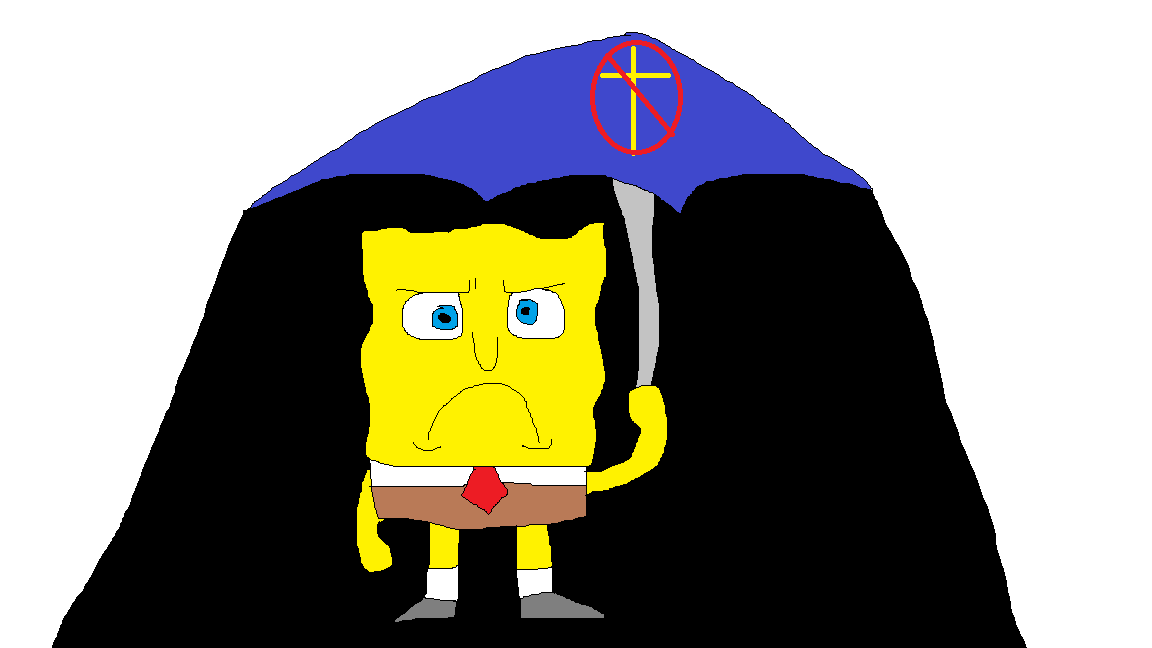 Spongebob holding an umbrella, blocking out the light of God.
