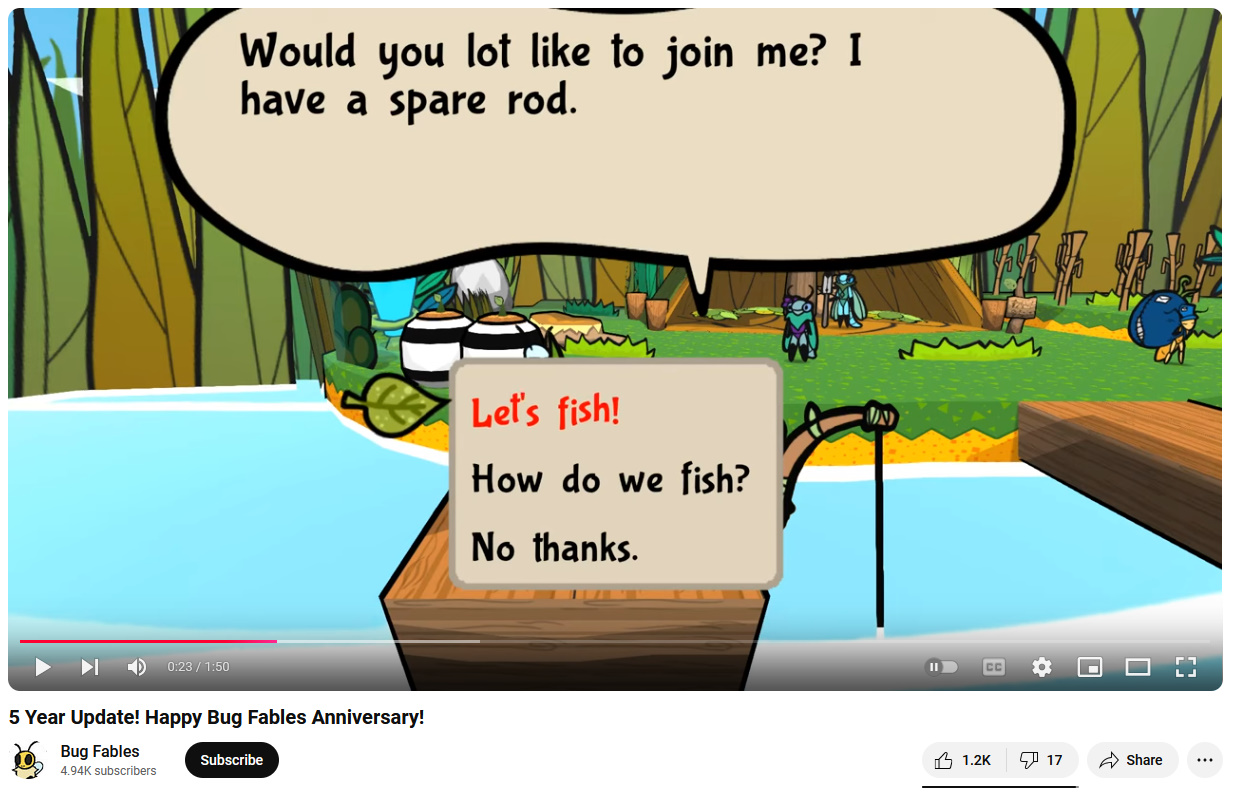 A screenshot of the Bug Fables 5 year anniversary update video, showcasing the new fishing minigame.