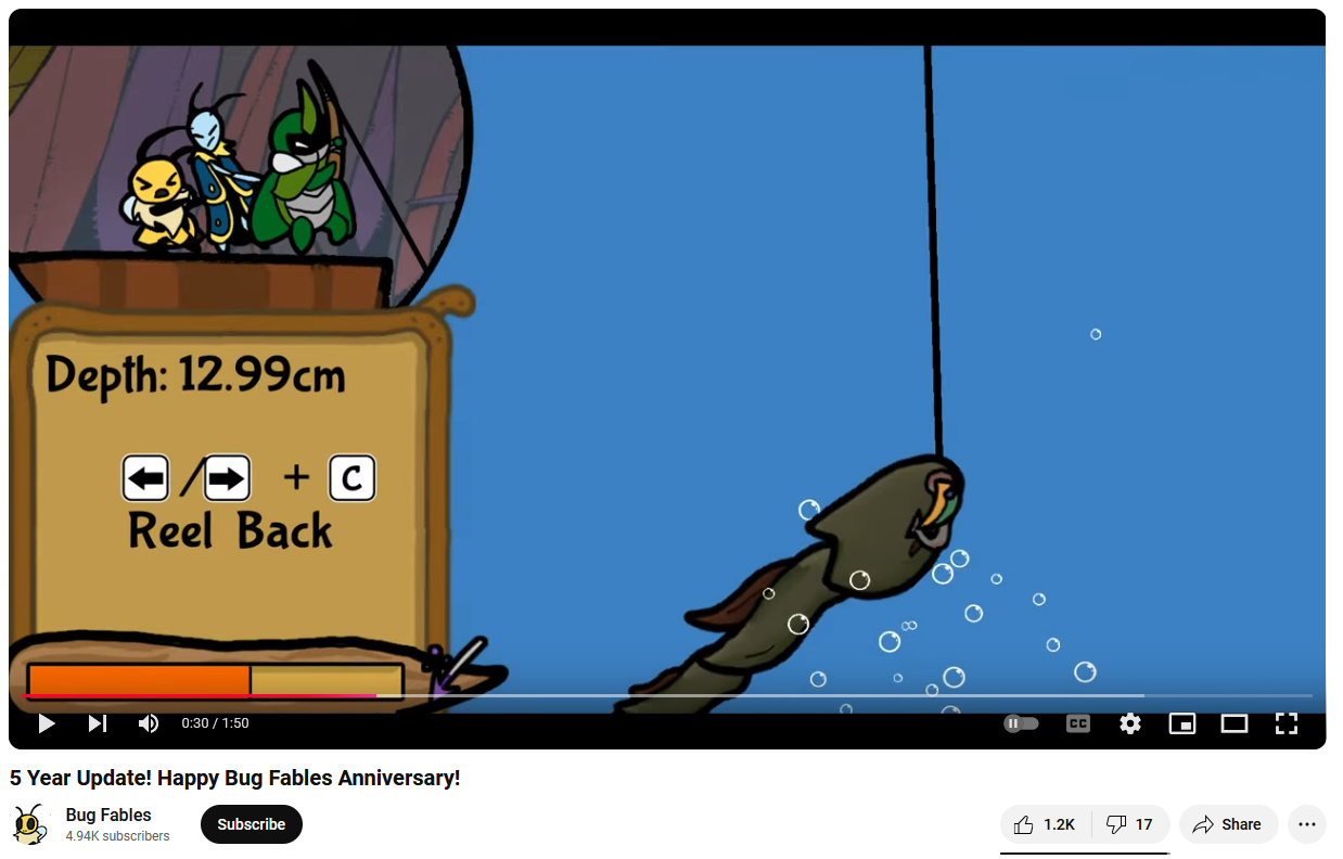 A screenshot of the Bug Fables 5 year anniversary update video, showcasing the new fishing minigame.