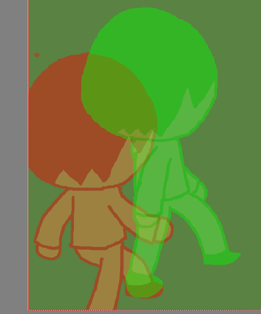 A screenshot of an animation program, taking in the middle of doing the inbetween frames for a walking animation.  A green silhouette is seen next to a red one, as if they are walking together. 