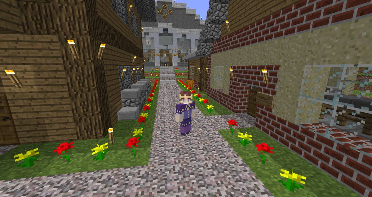 Franny's Minecraft character stands at a different place in the village.