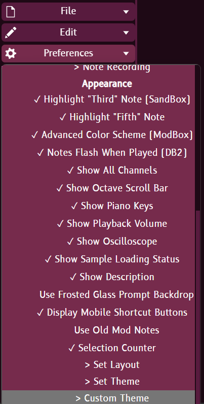 The Appearance settings I use on Abyssbox: literally all of them except Frosted Glass and Old Mod Notes, both of which aren't really important if you're not making music on the site)