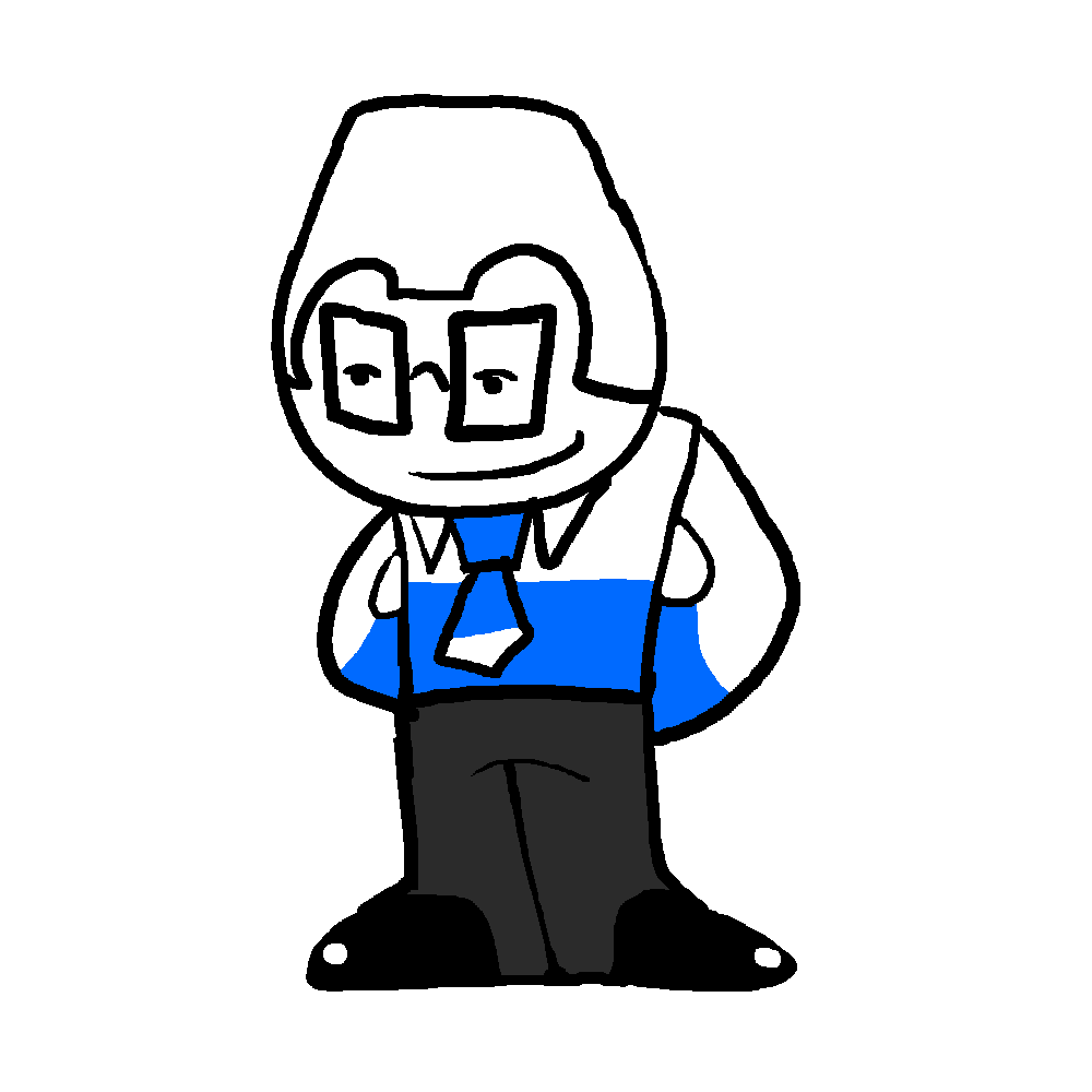 A drawing of Marino. He has white hair, wearing glasses, a white and blue shirt, and a blue and white tie. He is smiling.