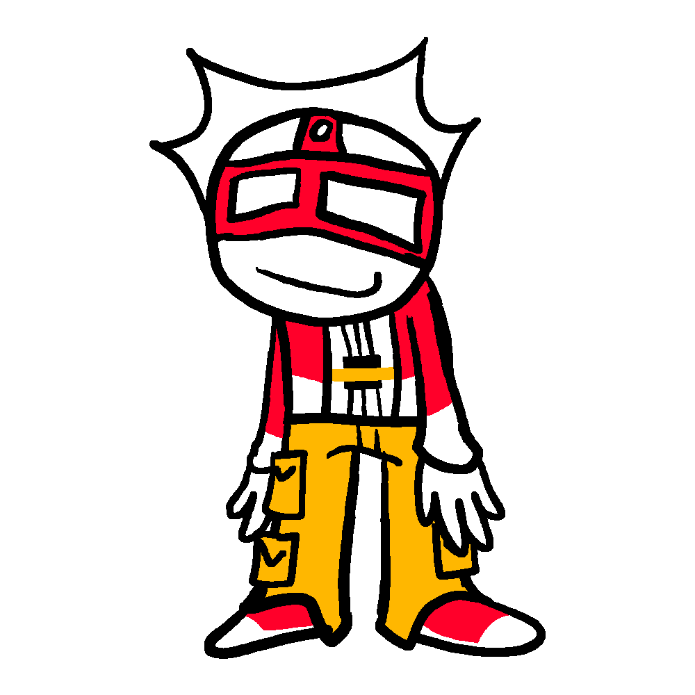 A drawing of Okuliarnik. He is wearing red and big goggles. He is also wearing a red and white jacket and a patterned shirt, with a black box in the middle, and a yellow horizontal line covering it. He wears yellow cargo pants, with two pockets on each side. He wears red and white shoes.