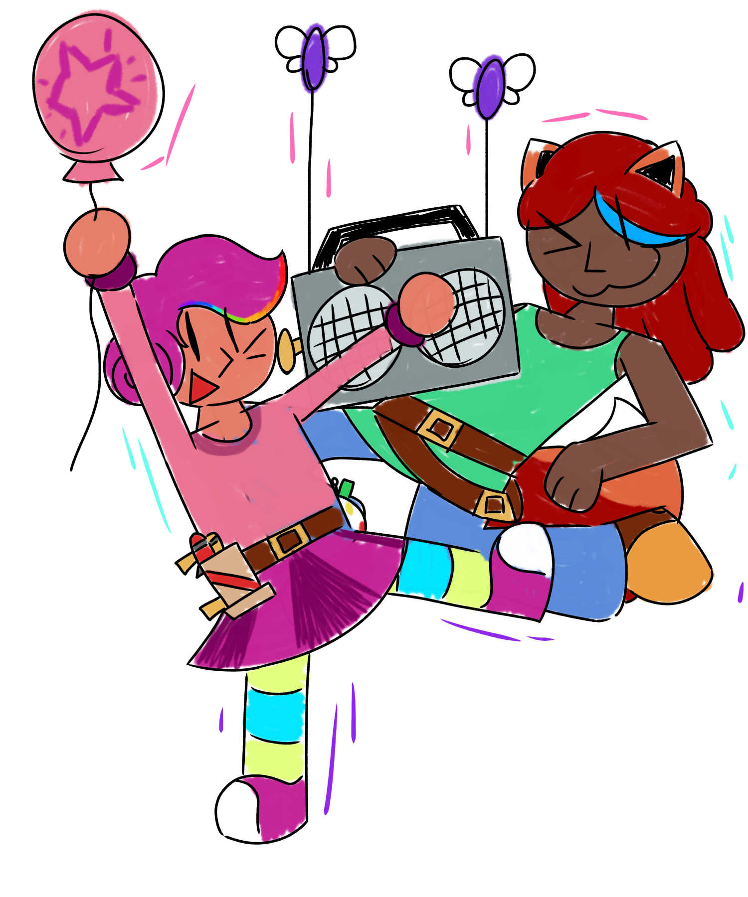 Artwork of the Party Girl and Mardy the Zoologist smiling at the camera while in poses somewhat resembling them jumping on a trampoline. The Party Girl is wearing a belt with a Celebration gun & Confetti Grenade strapped to either side while holding a pink balloon with a purple star printed in the middle, while Mardy is wearing two belts while holding a music box designed as a boombox strapped to two Fairy Glowsticks