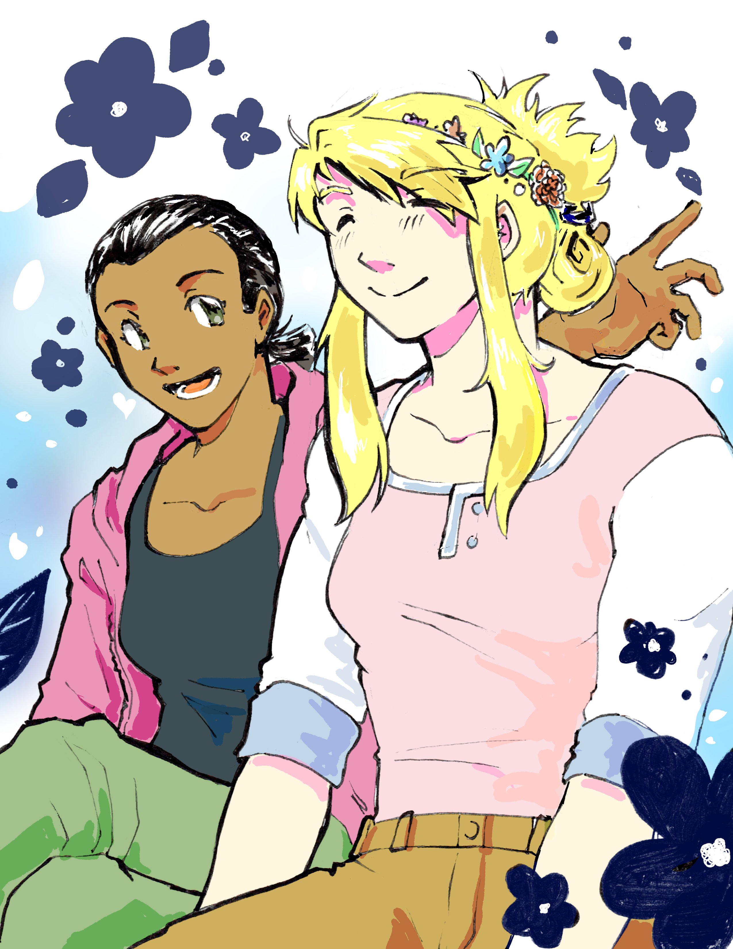 An illustration of Winry Rockbell, wearing a flower crown and smiling. Next to her, Paninya gestures as if to show it off. They are both sitting down.