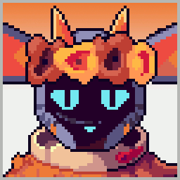 a screen-faced robotic deer. they wear an orange crown of flowers and an orange cloak of leaves, with two orange horns and large ears that go outside of the image border. they have blue lights on their visor that represent them blinking. art by lapouris on tumblr.