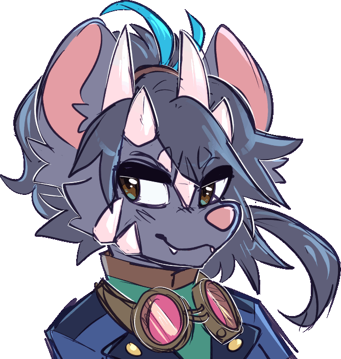 a half-dragon rat with four horns and some light pink face scales. art by batnoise on twitter/tumblr