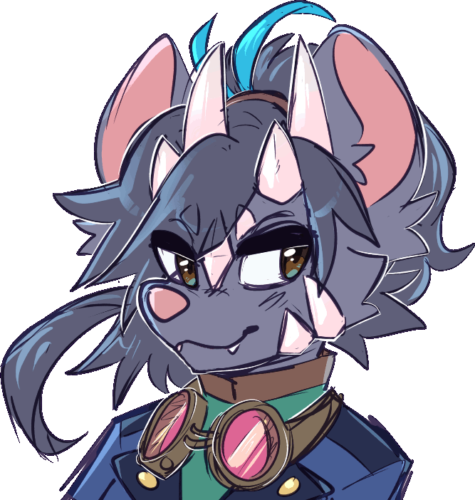 a half-dragon rat with four horns and some light pink face scales. art by batnoise on twitter/tumblr