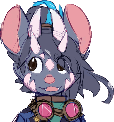 a half-dragon rat with four horns and some light pink face scales. art by gumshoejump on twitter.