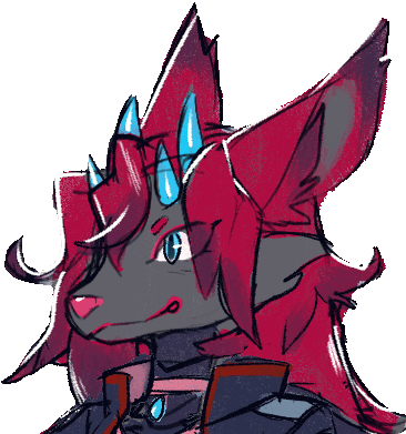 a zoroark/braixen wearing a  leather jacket. only one of her eyes is visible, the other is covered by her hair. art by kitsuneten on twitter.